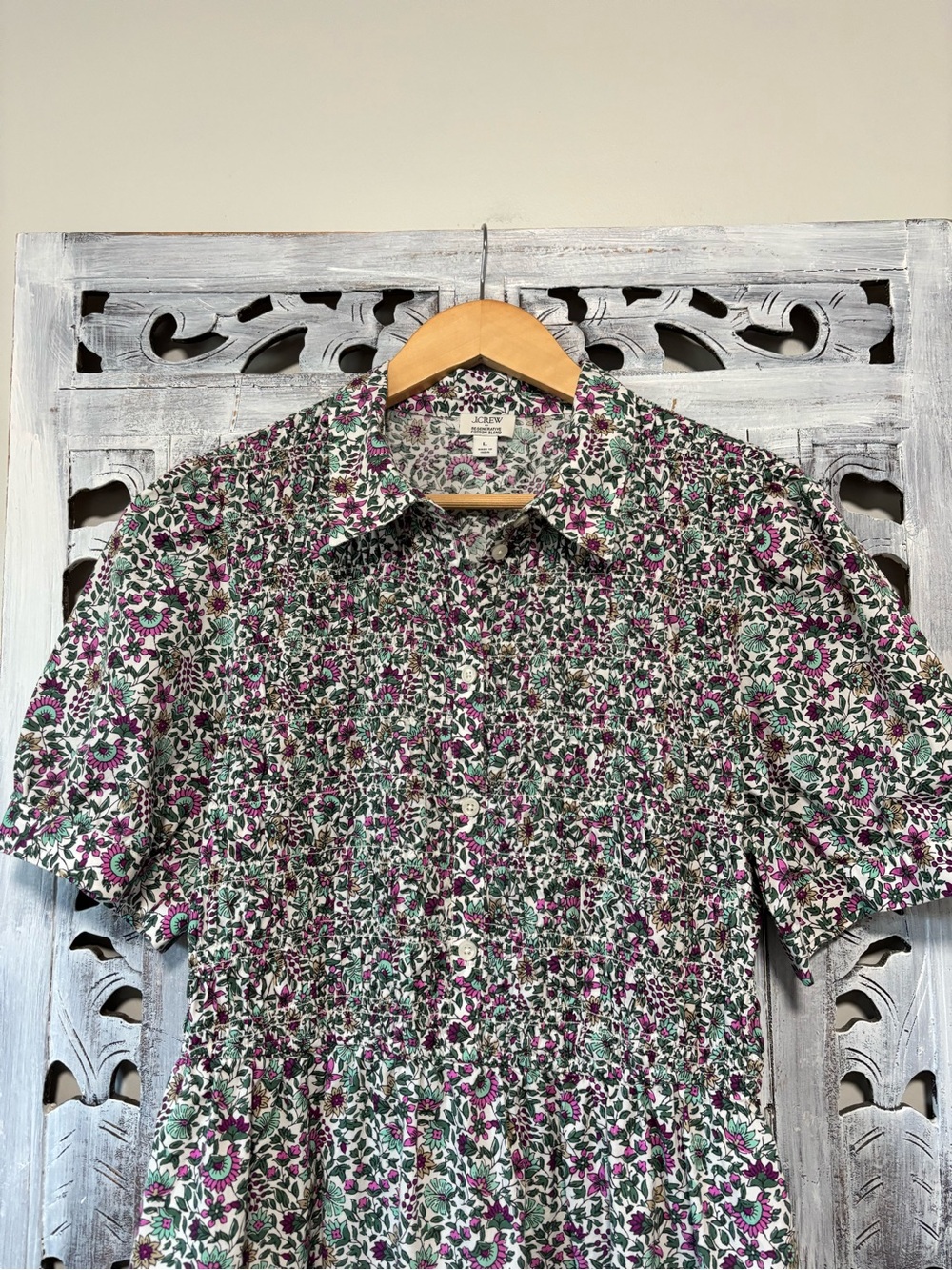 NEW J. Crew Factory Short-Sleeve Smocked Floral Green/Pink Shirt Dress - Picture 5 of 11